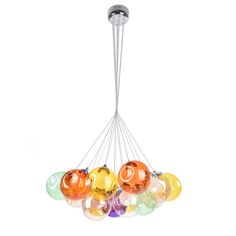 a multi - colored chandelier hanging from a metal rod with eight glass balls