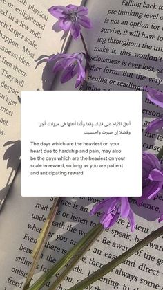 purple flowers sitting on top of an open book with the words in arabic above it