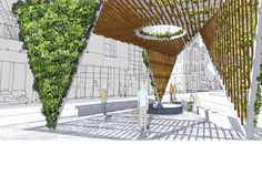 an artistic rendering of the interior of a building with trees growing on it's sides