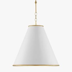 a white and gold pendant light with a chain hanging from the bottom, on a white background