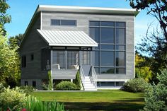 this is a computer rendering of a modern house with large windows and lots of greenery