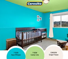 a baby's room with blue walls and green ceilinging is featured in this ad