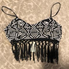 Never Been Worn Crop Top With String Hanging All The Way Around. Just Did Not Fit Me. Would Fit A Smaller Bust Than A D Casual Fringe Crop Top For Summer, Forever 21 Cropped Top For Beach, Casual Crop Top For Beach Season And Night Out, Casual Crop Top For Night Out And Beach Season, Forever 21 White Beach Crop Top, Chic Forever 21 Crop Top For Beach, Forever 21 Sleeveless Crop Top For Beach, Trendy Black Crop Top For Vacation, Bohemian Black Crop Top For Vacation