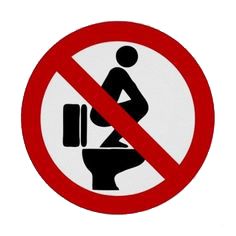 a sign with a person sitting on a toilet in a red circle over a white background