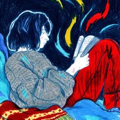 a drawing of a person laying on a bed with a book in their hand and the image of a woman reading