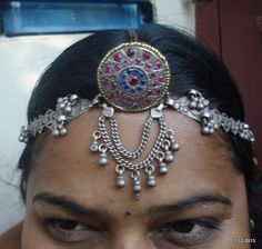 vintage antique old silver hair jewelry tika head ornament tribal bellydance Silver Temple Jewelry Tikka For Ceremonial Use, Silver Round Tikka Temple Jewelry, Silver Tilla Tikka For Navratri, Silver Tikka With Tilla For Navratri, Traditional Silver Headpiece For Party, Silver Bohemian Headband, Traditional Silver Tikka With Latkans, Bohemian Tikka With Mirror Work For Festivals, Festive Bohemian Tikka With Tilla Detail