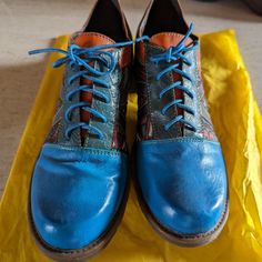 Funky - Leather And Canvas Saddle Shoe. 2 & 1/2 Inch Heel. Brand New, Never Worn, I Have A Extra Wide Foot.These Are Medium. Nice Arch. Womens Saddle Shoes, Saddle Shoe, Saddle Shoes, Leather And Canvas, 2 Inch Heels, Saddle, Blue Green, Arch, Women Shoes