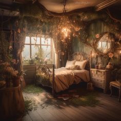 a bedroom decorated with flowers and greenery is pictured in this image, it appears to be an old fashioned bed