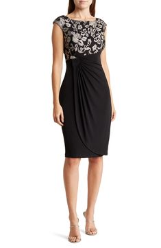 Perfect for a special occasion, this cap-sleeve faux-wrap dress features an elegantly embroidered bodice above a gracefully draped skirt. 40" length (size 8) Slips on over head Bateau neck Cap sleeves Partially lined 96% polyester, 4% spandex Hand wash, dry flat Imported Model stats: 5'10" height, 32" bust, 25" waist, 36" hip. Model is wearing size 4. Elegant Dress With Fitted Bodice And Surplice Neckline, Cap Sleeve Dress With Lace Bodice, Elegant Ruched Mother Of The Bride Dress, Short Sleeve Dress With Lace Bodice For Gala, Elegant Fitted Evening Dress With Surplice Neckline, Elegant Short Sleeve Dress With Lace Bodice, Elegant Cap Sleeve Dress With Pleated Bodice, Elegant Pleated Bodice Dress With Cap Sleeves, Elegant Dresses With Pleated Bodice And Surplice Neckline