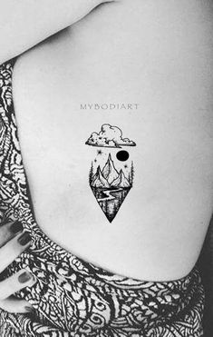 Minimalist Nature Tattoo Ideas for Female – Small Inspirational Tats – www.MyBodiArt.com Rib Tattoo Ideas, Historical Tattoos, Cute Ankle Tattoos, Tiny Tattoos For Women, Mother Nature Tattoos, Mountain Trees, Nature Tattoo, Mountain Tattoo, Music Tattoos