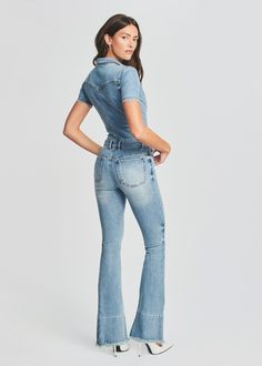 Fallon Jumpsuit – SEROYA NYC Australia Clothes, Flared Skirts, Skirts And Dresses, Classic Chic, Sorrento, Denim Jumpsuit, Bell Bottom, Flared Jeans, Fabulous Fashion