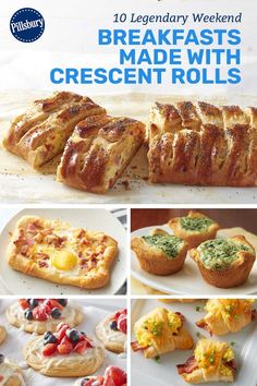 there are many different types of breads and pastries on the table with text overlay that says, breakfast made with crescent rolls