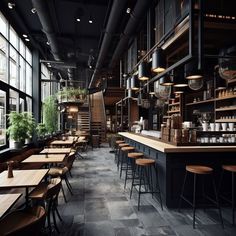 an empty restaurant with wooden tables and stools