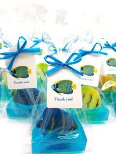 blue and yellow fish in plastic bags with thank you tags