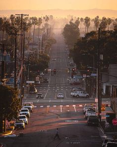 the sun is setting on an empty street with cars parked in front of it and palm trees lining both sides