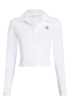 Calvin Klein Jeans Milano Polo Top. - Cropped fit. - Collar neckline. - Half button front. - Long sleeved. - CKJ branding. - Viscose blend. 66% Viscose, 30% Nylon, 4% Elastane. Top Neckline, Top Polo, Fitted White Top, Womens Crop Tops, Outfits Con Jean Blanco, White Jeans Women, Tops Long Sleeve, White Top Long Sleeve, Branded Clothes