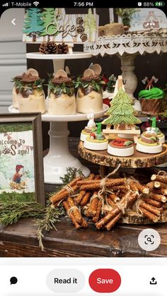 an assortment of desserts on display in front of a cake and other food items