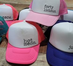 Birthday Hat Ideas, 40th Birthday Hat, Funny Hats For Women, 40th Birthday Hats For Group, 40th Birthday Hats, Snap Back Hats, Hat Sayings, Cute Trucker Hats For Women, Funny Hats For Adults