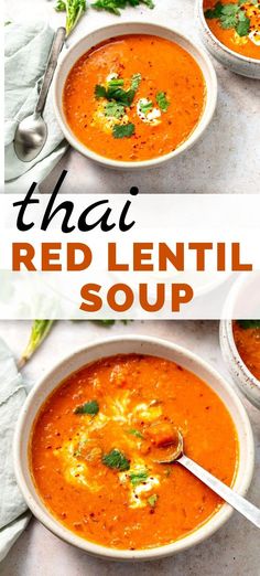 Thai Coconut Red Lentil Soup (Vegan) Red Curry Lentils, Red Lentil Recipes, Curried Lentil Soup, Vegan Lentil Soup, Vegan Lentil, Soup Vegan, Lentil Soup Recipes, Red Lentil Soup