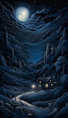 a painting of a house at night with the moon in the sky