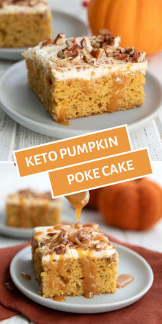 Two photo collage of keto pumpkin poke cake. Pumpkin Cream Cheese Keto, Keto Cakes Recipes, Keto Pumpkin Desserts, Pumpkin Keto, Pumpkin Poke Cake, Keto Pie, Low Carb Pumpkin Recipes, Fall Deserts