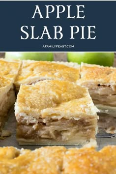 an apple slab pie cut in half on a cutting board with the title above it