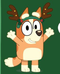 a cartoon dog with antlers on its head and arms, standing in front of a green background