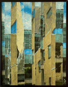 an abstract painting of buildings with blue sky and clouds reflected in the window panes