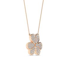 This Lucky Necklace showcases a floral motif with each petal embellished in diamond accents that capture the timeless beauty of blossoms. The floral diamond necklace design symbolizes luck and prosperity, making it a thoughtful and cherished gift. Luxury Flower Shaped Jewelry With Pave Setting, Formal Flower Shaped Jewelry With Pave Setting, Diamond Jewelry With Flower Charm, Elegant Flower Shaped Jewelry With Single Cut Diamonds, Rose Gold Diamond Jewelry In Flower Shape, Diamond Necklace With Single Cut Flower-shaped Diamonds, Elegant Flower-shaped Jewelry With Single Cut Diamonds, Rose Gold Diamond Flower Shaped Jewelry, Exquisite Diamond Flower-shaped Jewelry