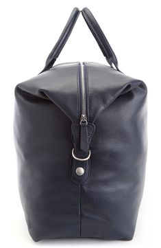 Fashioned from richly grained leather, this spacious, structured duffle bag is an ideal option for all your weekend trips. Top zip closure Top carry handles; removable shoulder strap Protective metal feet Leather Imported Navy Leather Shoulder Bag With Top Carry Handle, Navy Leather Satchel With Top Carry Handle, Blue Duffle Bag With Zipper Closure For On-the-go, Business Tote Duffle Bag With Zipper Closure, Business Duffle Bag Tote With Zipper Closure, Business Duffle Tote Bag With Zipper Closure, Business Duffle Bag With Zipper Closure Tote Shape, Versatile Leather Duffle Bag For Business, Leather Duffle Bag With Zipper For On-the-go