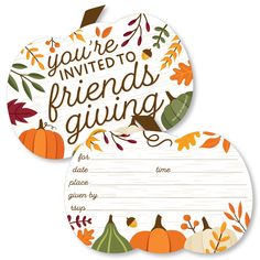 two pumpkins and leaves with the words you're invited to friends giving