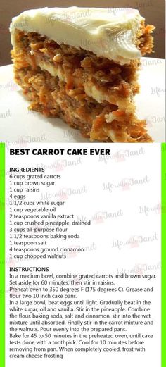 the recipe for carrot cake is shown in green and white