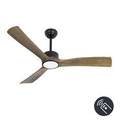 a ceiling fan with two wooden blades and a light on the blade is connected to an appliance