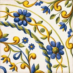 blue and yellow flowers are painted on a white background