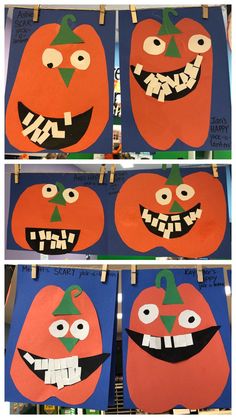 four pictures of pumpkins with faces and mouths on them, all made out of construction paper