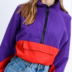 Color Block Windbreaker With Black Zipper Detail 100% Polyester Purple Casual Track Jacket For Fall, Casual Purple Track Jacket For Fall, Trendy Red Long Sleeve Track Jacket, Trendy Red Track Jacket For Fall, Trendy Half-zip Outerwear For Fall, Trendy Red Windbreaker For Fall, Trendy Red Fall Windbreaker, Trendy Spring Color Block Windbreaker, Spring Trendy Color Block Windbreaker