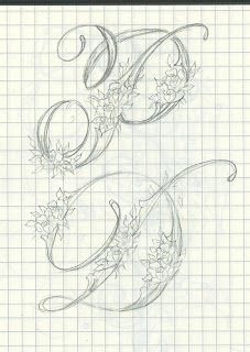 the letter e is made up of flowers and vines on lined paper with graph paper