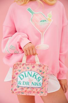 Bring some girly style to your lunch game with the DINKS & DRINKS PINK FLORAL BAG! This pink floral lunch box features a fun Dinks & Drinks design, making it the perfect accessory for your work or school lunches. Stay stylish and satisfied with your meals on the go. All orders are currently shipping within 14 business days. To receive item quicker, expedited shipping is available at checkout. Pickleball Aesthetic, Meals On The Go, Drinks Design, Girly Style, Floral Bags, School Lunches, School Lunch, Girly Fashion, Soft Girl