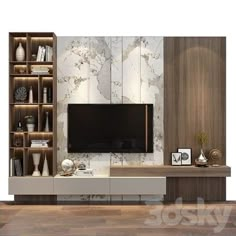 an entertainment center with marbled walls and shelving unit in the middle, including a television