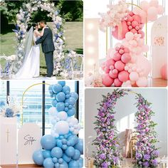 wedding decorations and balloons are featured in this collage