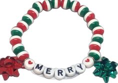 Heather Jones, Holiday Bracelets, Red Green Christmas, Acrylic Letters, Christmas Bracelet, Letter Beads, Holiday Jewelry, Christmas Bows, Christmas Wishlist