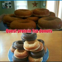 there are many donuts stacked on top of each other and the caption says, quest protein isp doughnuts