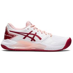 the asics tennis shoe is white and red with a pink soles on top