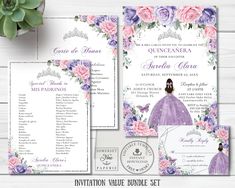 an image of wedding stationery set with flowers and princess dress on the front, in purple