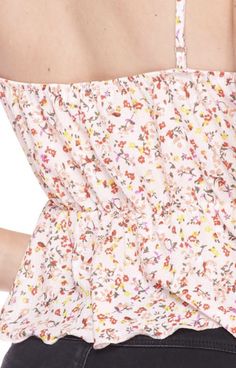 Peach floral print, peplum crop, cami tank w/ adjustable spaghetti straps 95% rayon, 5% spandex hand wash Pink Strapless Tank Top For Spring, Strapless Pink Tank Top For Spring, Spring Vacation Tube Top With Built-in Bra, Summer Tube Top With Spaghetti Straps For Day Out, Summer Spaghetti Strap Tube Top For Day Out, Summer Spaghetti Straps Tube Top For Day Out, Summer Tube Top With Spaghetti Straps For Brunch, Summer Spaghetti Strap Tube Top For Brunch, Feminine Floral Print Tank Top For Brunch