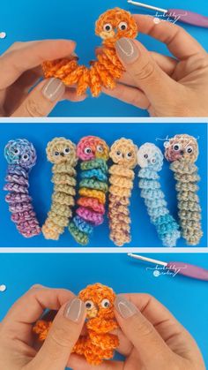 crocheted owls are being held up in different directions to make them look like they have eyes