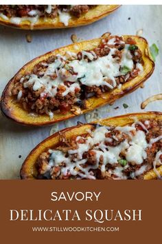 three stuffed delicata squash with cheese on top and the words savory delica