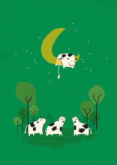 three cows are sitting in the grass under a crescent moon