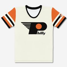 an orange and white t - shirt with the philadelphia flyers logo in black on it