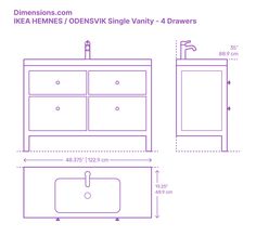 the measurements for a bathroom sink and vanity are shown in purple ink on white paper